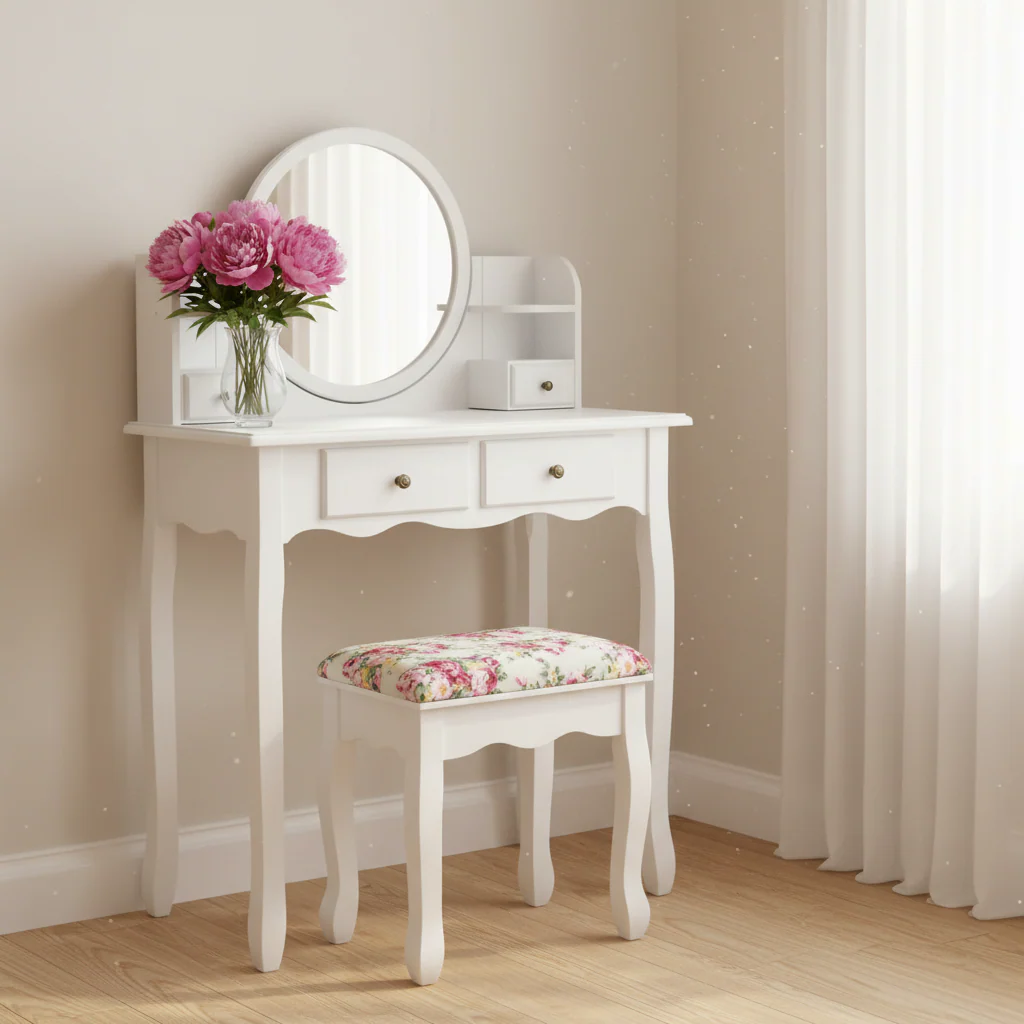 Makeup Vanity Table Set with Upholstered Stool Drawers Oval Mirror