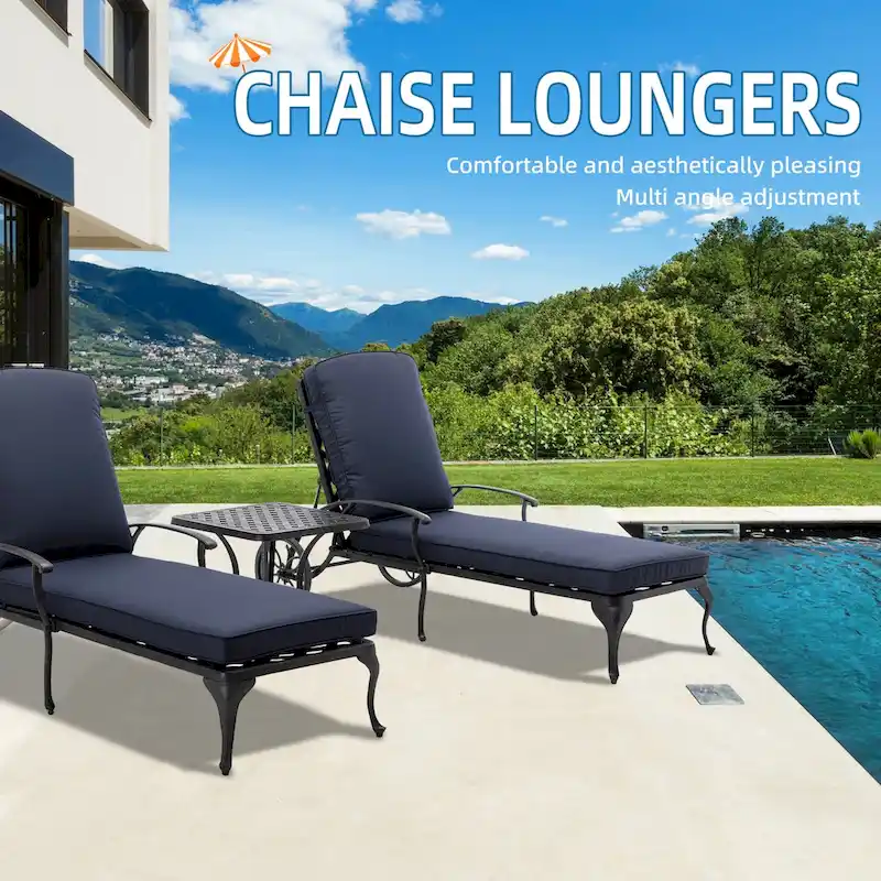 3-Piece Aluminum Reclining Outdoor Chaise Lounge with Cushions and Table