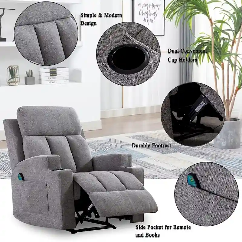 Manual Recliner Massage and Heating Chair Sofa with 2 Cup Holders Breathable Fabric