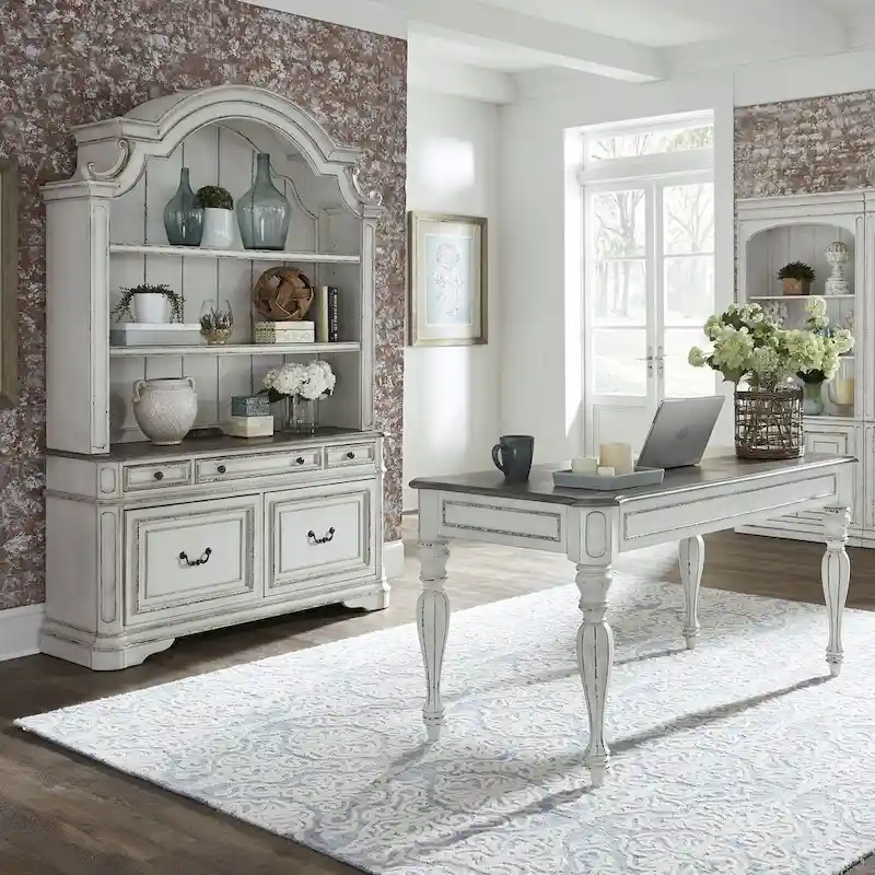Magnolia Manor Antique White Weathered Bark 3 Piece Desk & Hutch Set