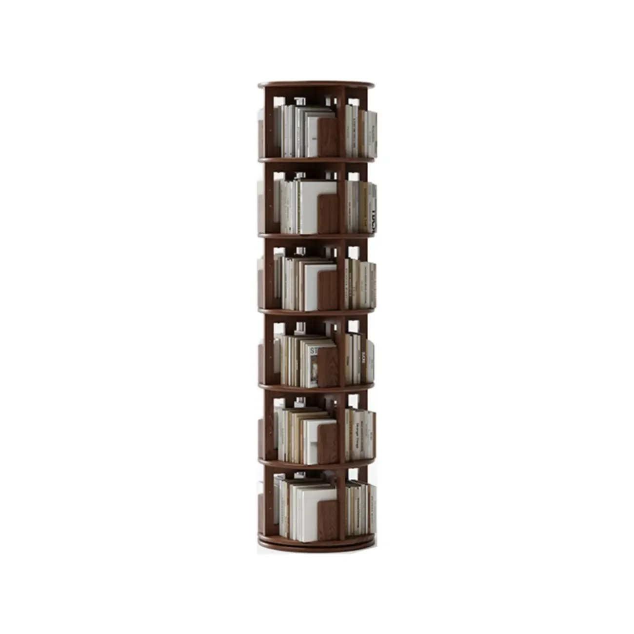 Narrow Cherry Wood Vertical 6 Shelf Rotating Bookshelf