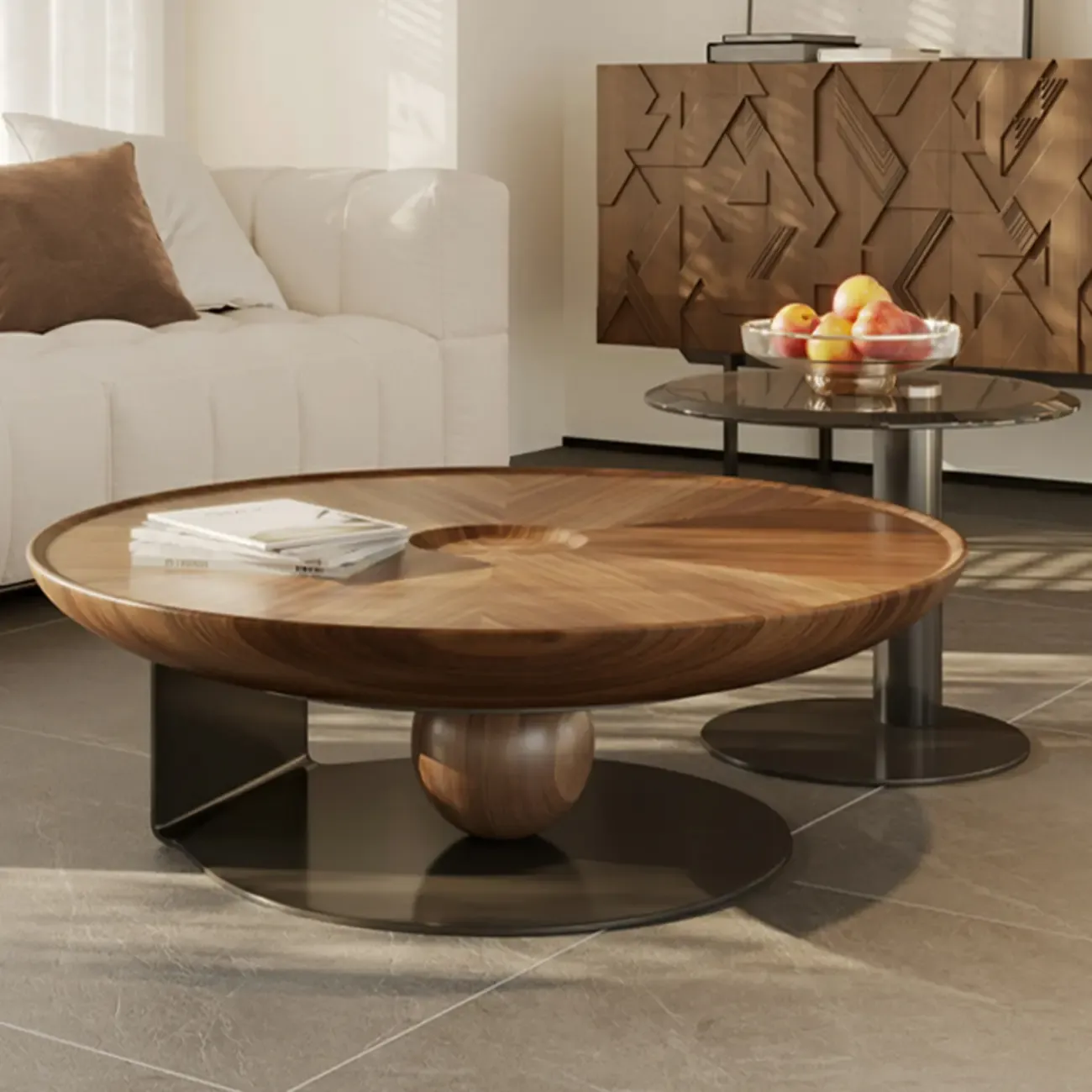 Tray Top Wood Walnut Abstract Base Round Coffee Table