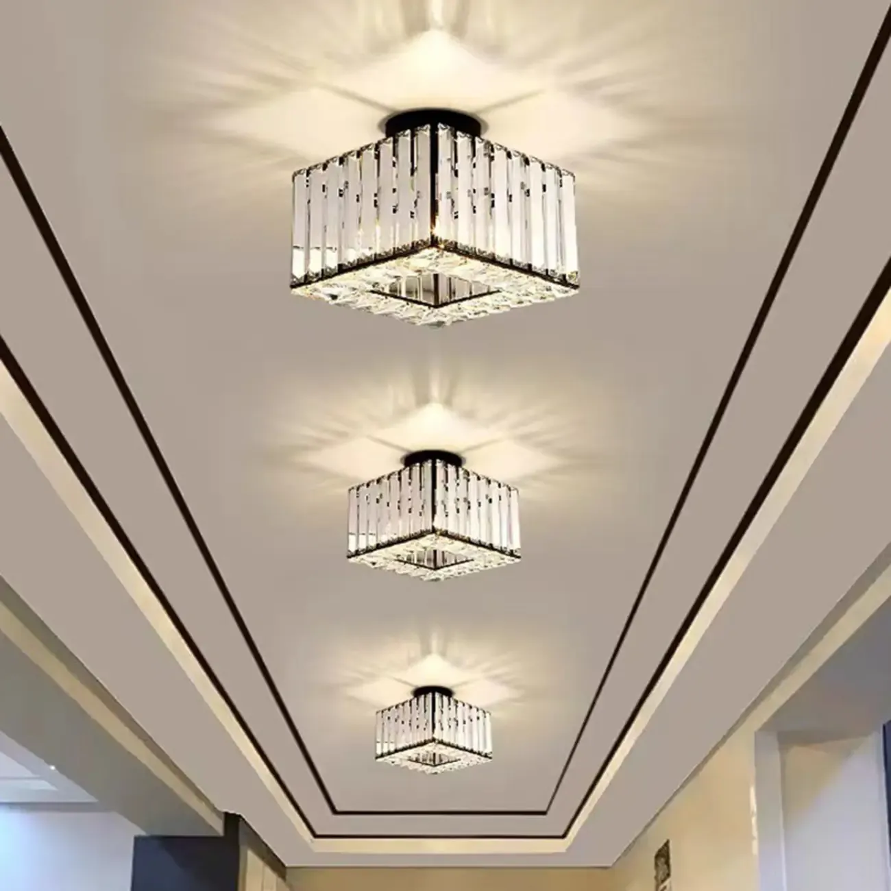 Modern Gold Square Crystal Semi Flush Ceiling Light