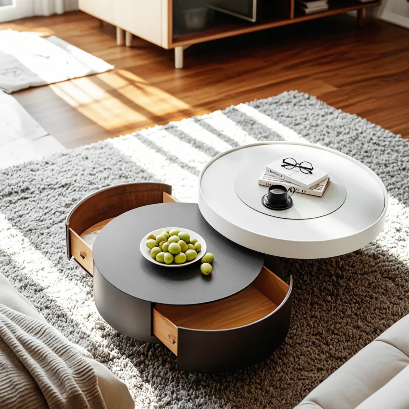 Grey Round Modern Wood Drawer Coffee Table