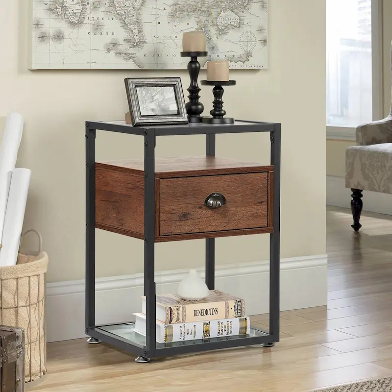 VECELO (Set of 2) Modern 1-Drawer Nightstand with 2-tier Glass Shelves