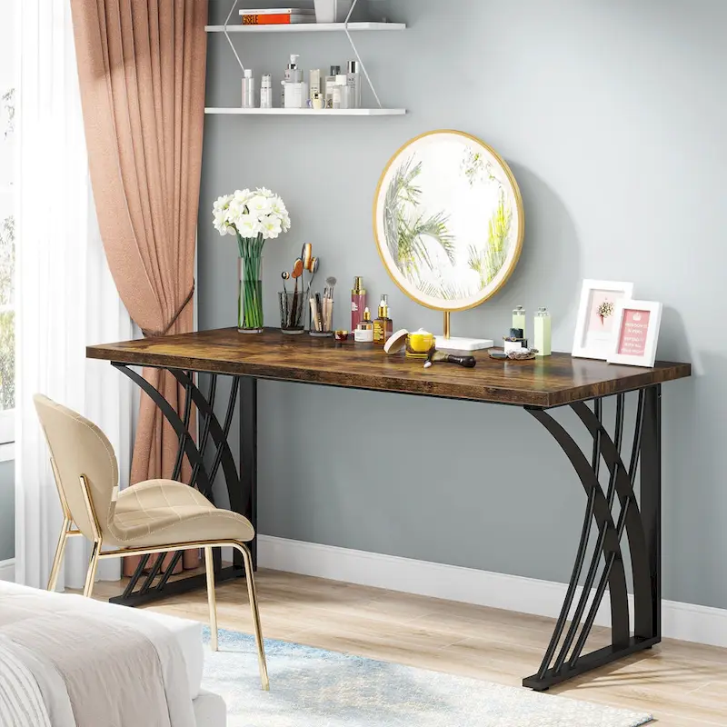 Modern Gold/White Computer Desk, 55 inch Dining Table with Gold Legs, Vanity Table, Conference Table