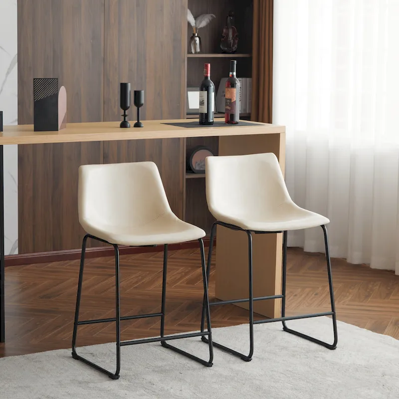 Vintage 24 Set of 2 Bar Stools with Armless Leather Backrest, Metal Legs, Footrest for Kitchen Island Caf Pub Bar Counter