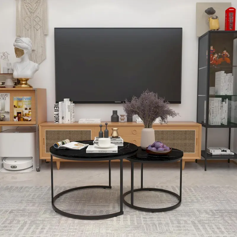 Nesting Coffee Table Set of 2, 27.6inch Round Coffee Table Wood Finish with Sturdy Metal Frame,End Table Side Tables