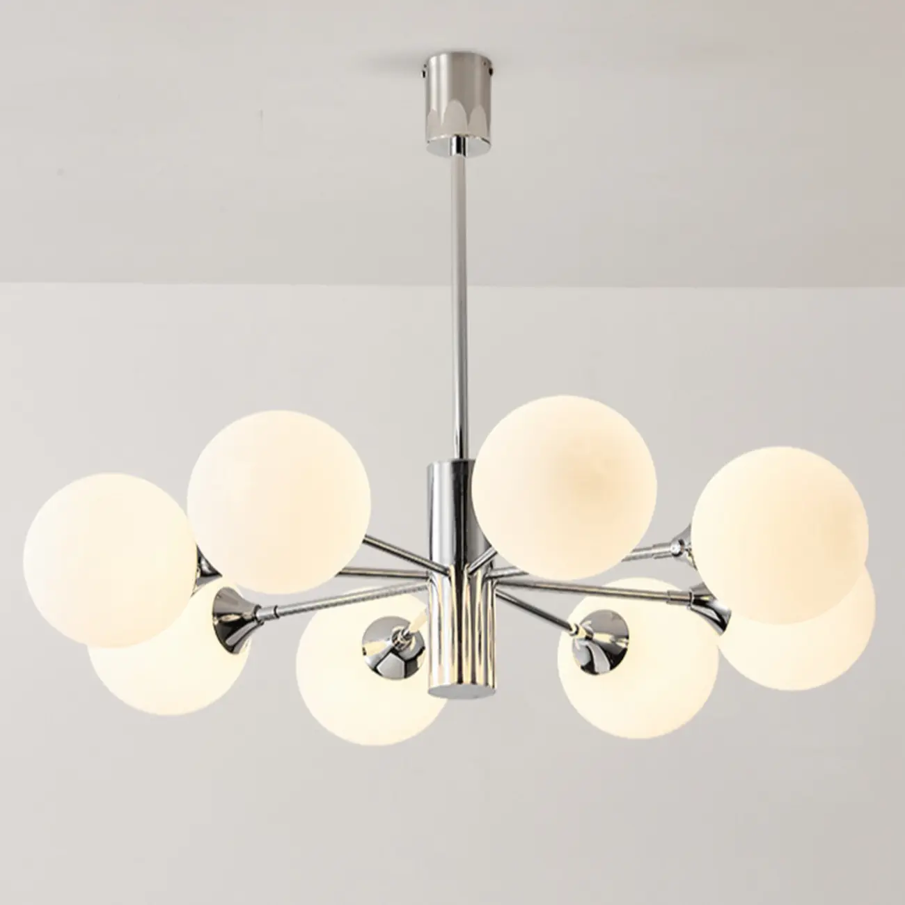 Modern Silver Sputnik Chandelier with White Globe Glass