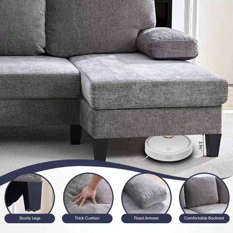 Mjkone 110U-Shaped Sectional Couches,Chenille Upholstered Large 4-Seater Sofa with Double Chaises and Sleepable Armrests