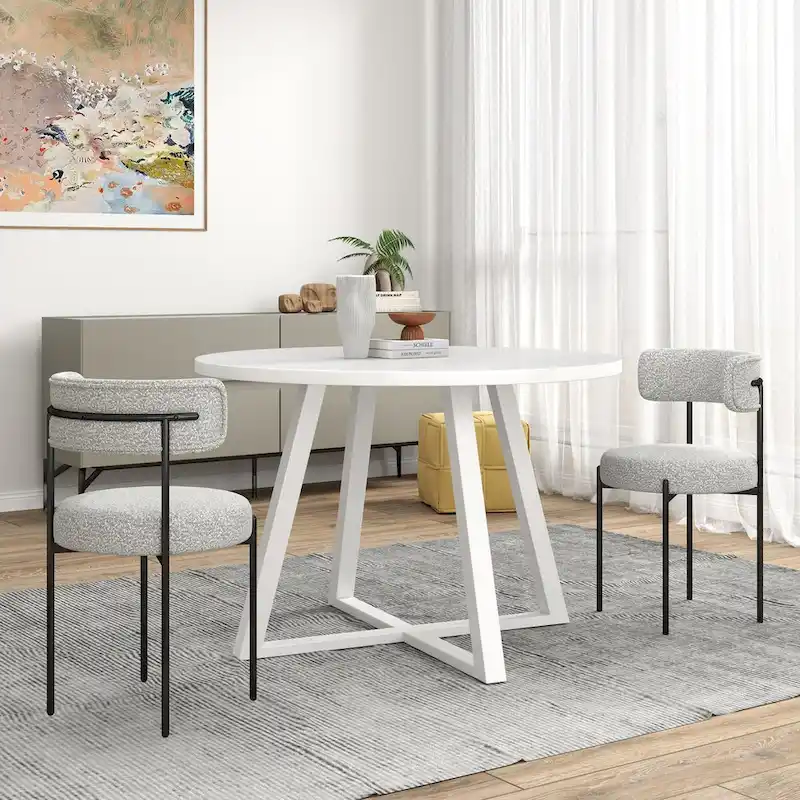 5-Piece Round Dining Set, Trestle Dining Table with 4 Boucle Chairs