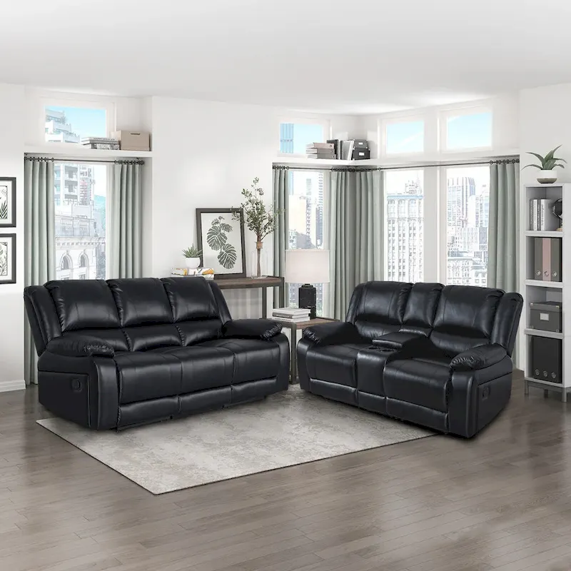 2-Piece Classic Faux Leather Manual Reclining Living Room Sofa Set with Console and Cup Holders