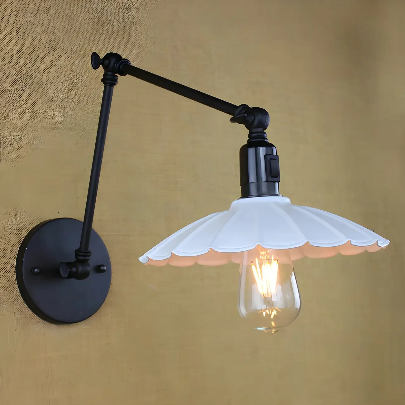 Metal Black Swing Arm Wall Light with Scalloped Shade