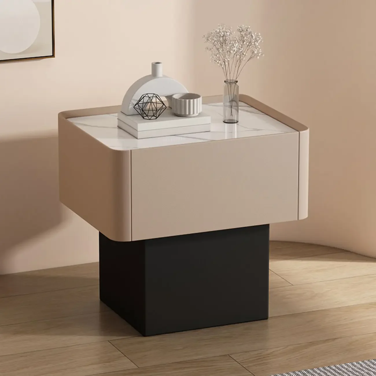 Modern Faux Leather Drawer Nightstand with Stone Top