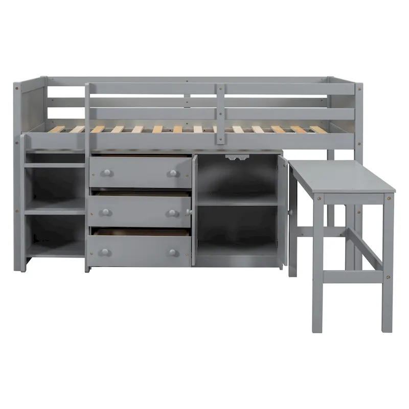 Grey Twin Wood Low Loft Bed with Pull-Out Desk & Drawers