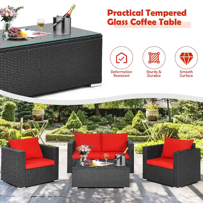 Costway 4 PCS Patio Rattan Furniture Set Cushioned Sofa Chair Coffee - See Description