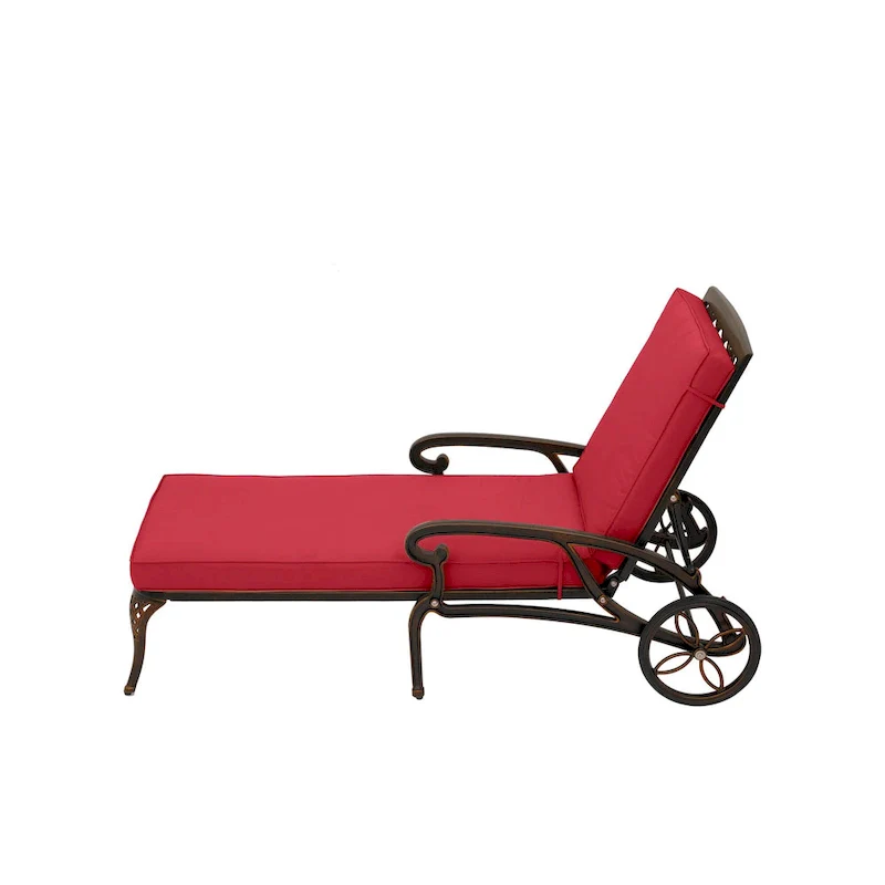 Clihome Cast Alum Folding Reclining Patio Chaise Lounge with Red Cushion