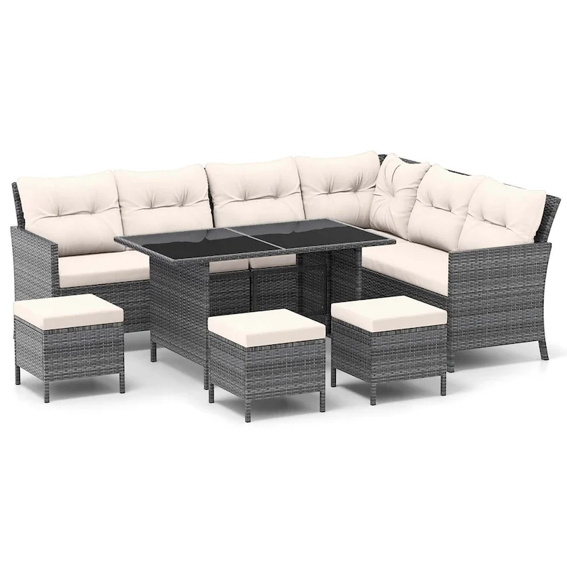 Gymax Set of 7 Dining Furniture Set PE Rattan Sectional Sofa Set Patio
