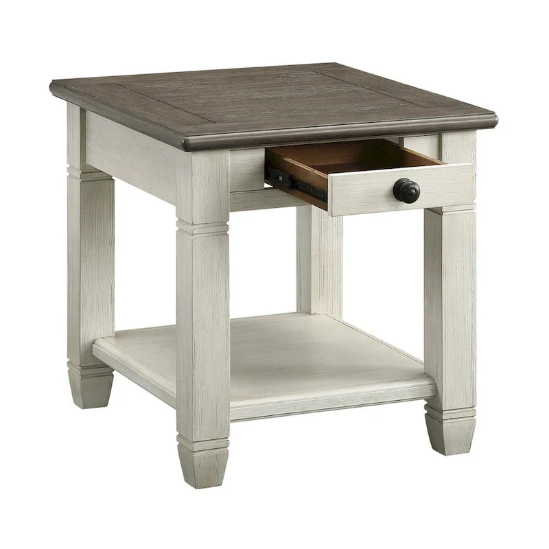 26 Inch Side End Table, Square, 1 Drawer, Brown, White, Solid Wood