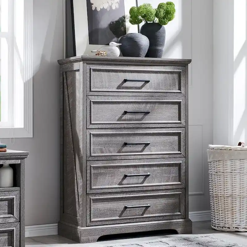 Brown / Black / Grey / White Rustic 5-Drawer Dresser with Metal Handles – Single Unit