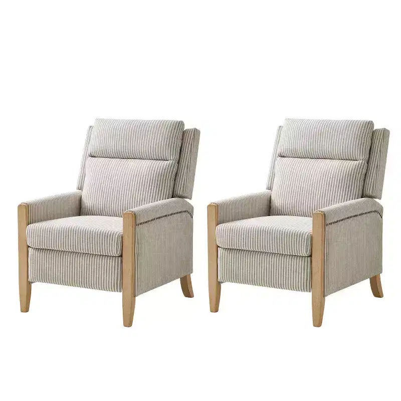 Upholstered Push Back Recliner, Set of 2 — Beige / Blue / Grey / Stripe
