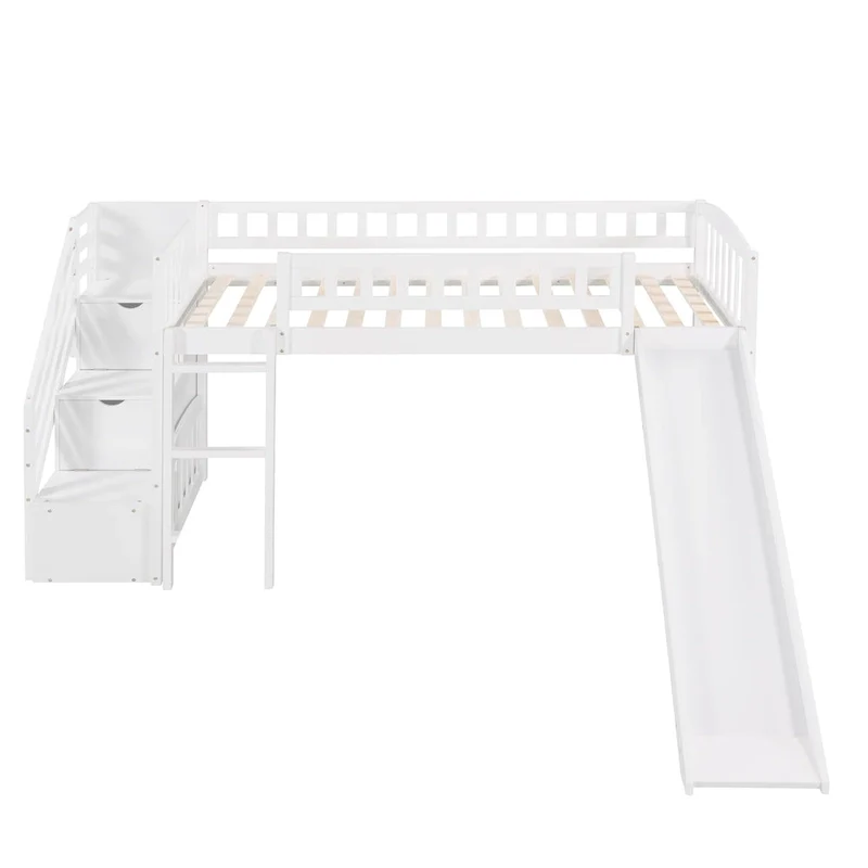Stairway Twin Size Loft Bed with Two Drawers and Slide