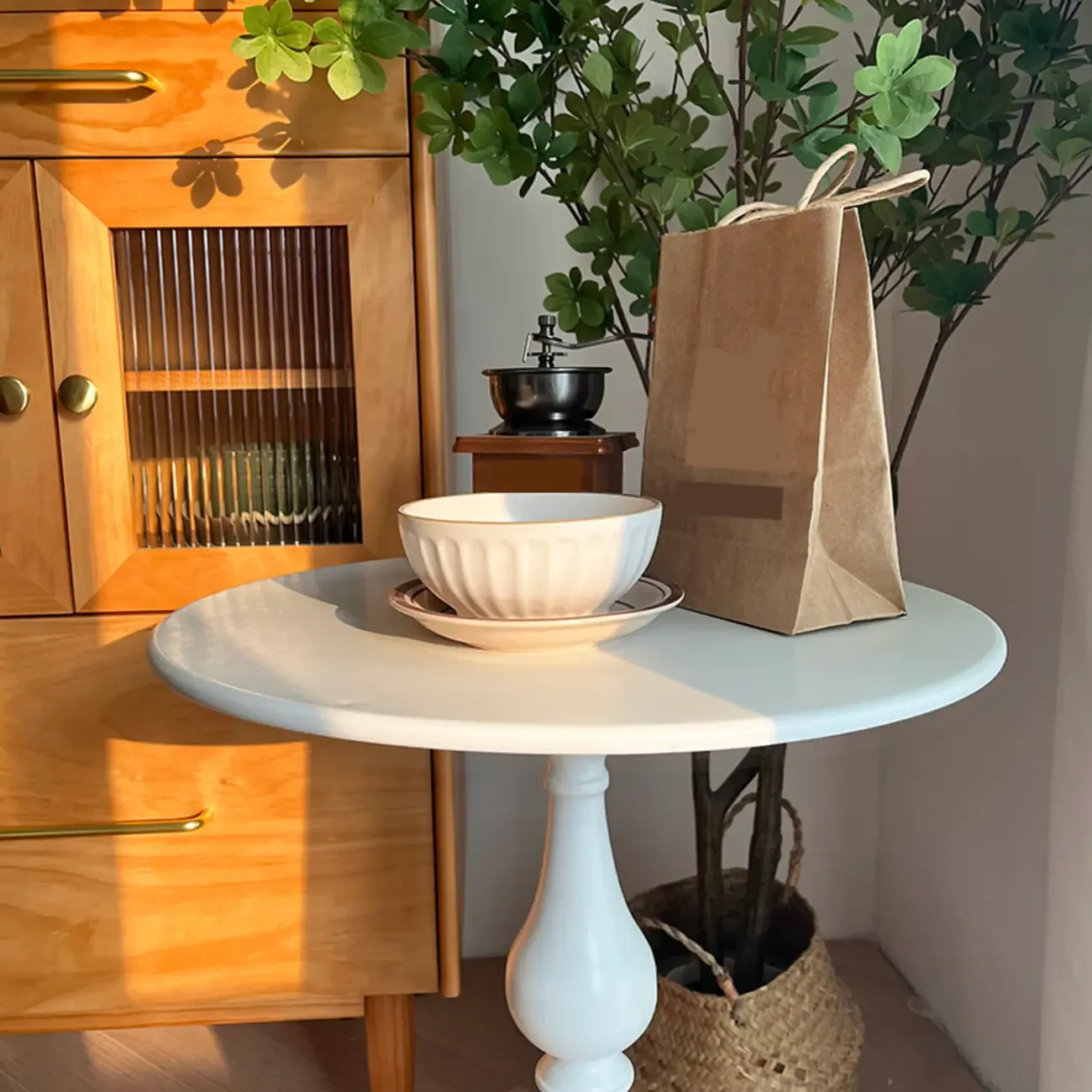 Classic Brown-White Wood Round Pedestal Chairside Table