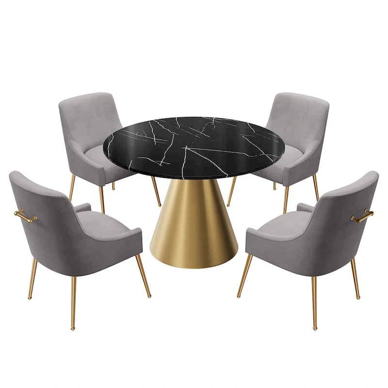 Clihome 5 Piece Black Marble Top Table with Velvet Dining Chair Set