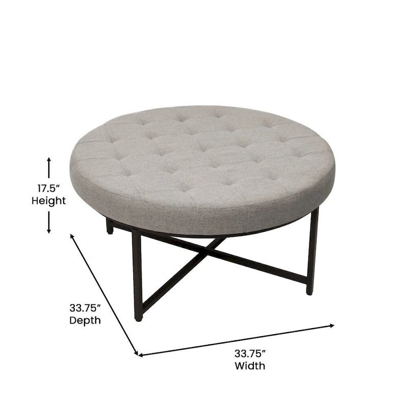 Tufted Round Cotton Linen Ottoman with Iron Frame