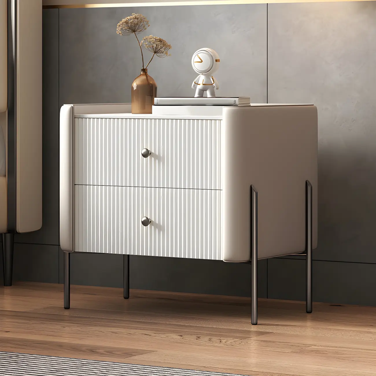 White Wood 2-Tier Drawers Storage Nightstand with Legs