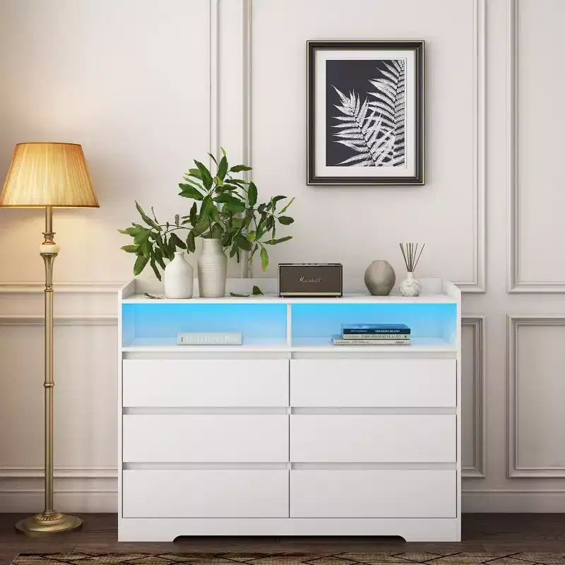 Okak Modern 6-Drawer Bedroom Dresser Nightstand with LED Sturdy Frame Storage Chest Cabinet for Living Room Hallway Kids Room