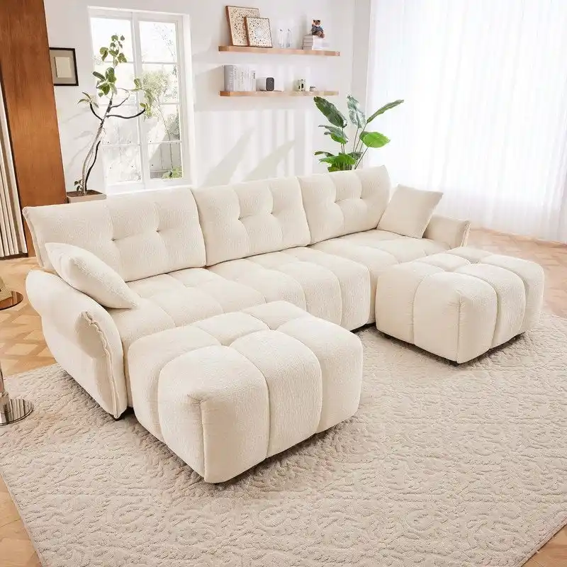110.2  Chenille 3 Seater Upholstered Sofa, 2 Ottoman