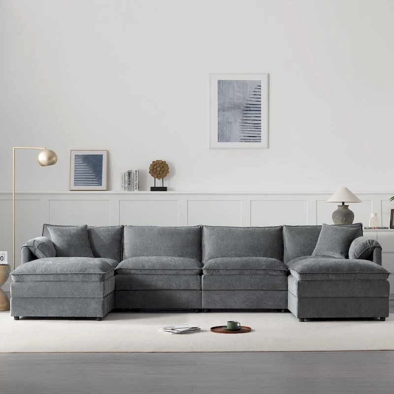 136  U-Shaped Chenille Cloud Sectional Sofa with Dual Ottomans
