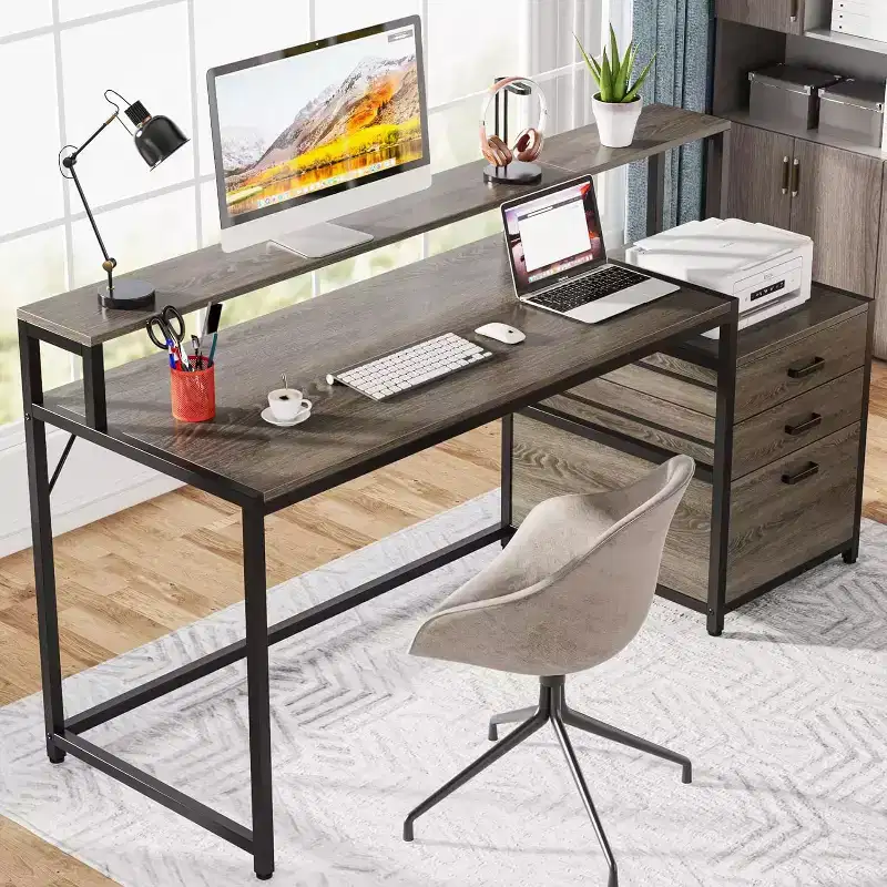 Black Industrial Computer Desk with File Drawer & Monitor Stand, 1-Person