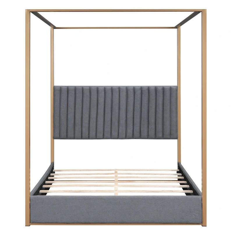 Queen Linen Canopy Bed with Headboard and Metal Frame