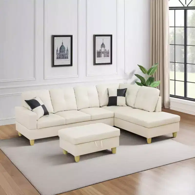 Black L-Shaped Sectional Sofa with Ottoman, Seats up to 8