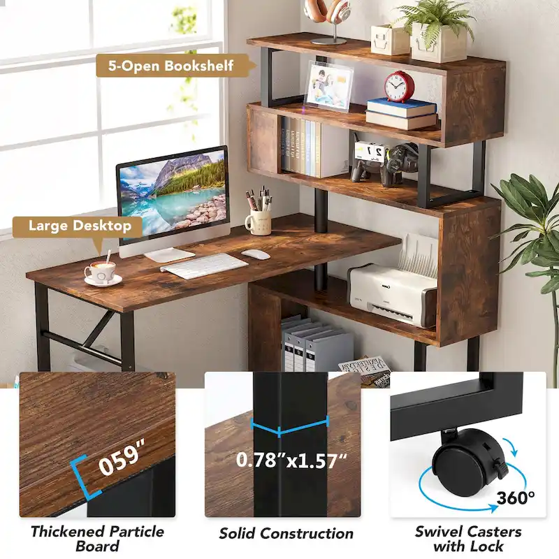 L-Shaped Rotating Computer Desk with 5 Shelves Bookshelf