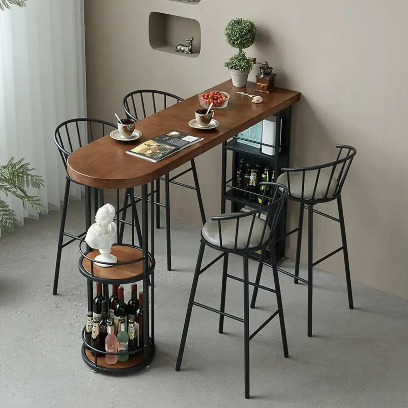 Wooden Narrow Bar Table with Double Storage Shelves