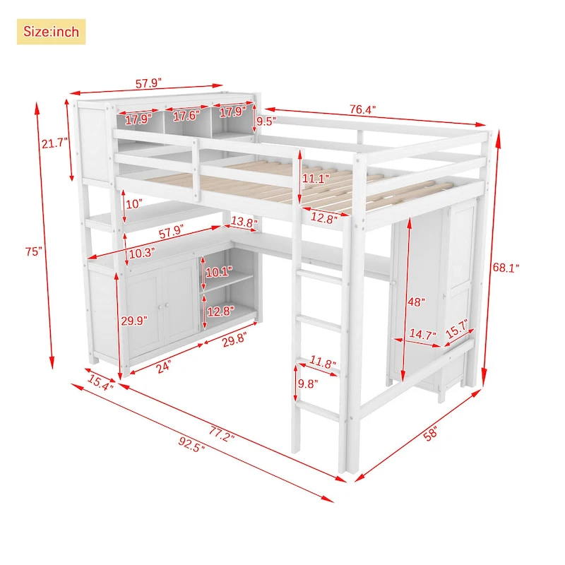 Full Pine Wood Loft Bed with Cabinet & Desk
