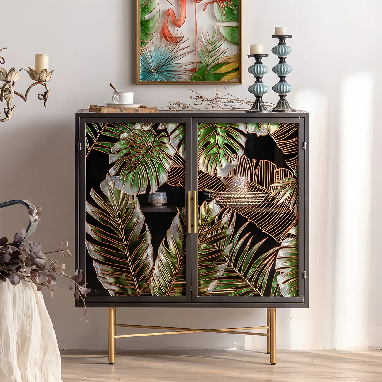 Grey Wood Glass Door China Cabinet with Gold Legs