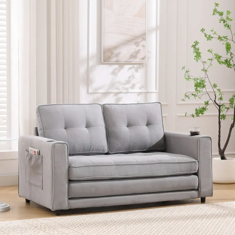 Oaks Aura Upholstered Futon Sofa with Pull-Out Sleeper Couch, Muticolour Choice Foldable Tufted Loveseat With Cup Holder