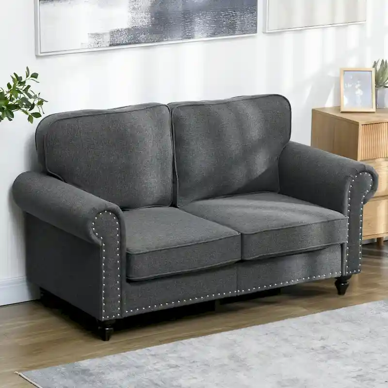 HOMCOM 61 Loveseat Sofa, Mid Century Modern 2 Seater Small Couch with Nailhead Trim, Rolled Arm, Fabric Upholstered Love Seat