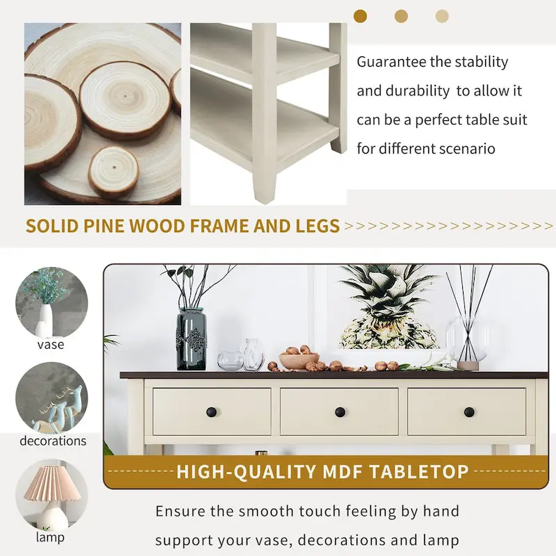 Pine Solid Wood Console Table with Two Open Shelves