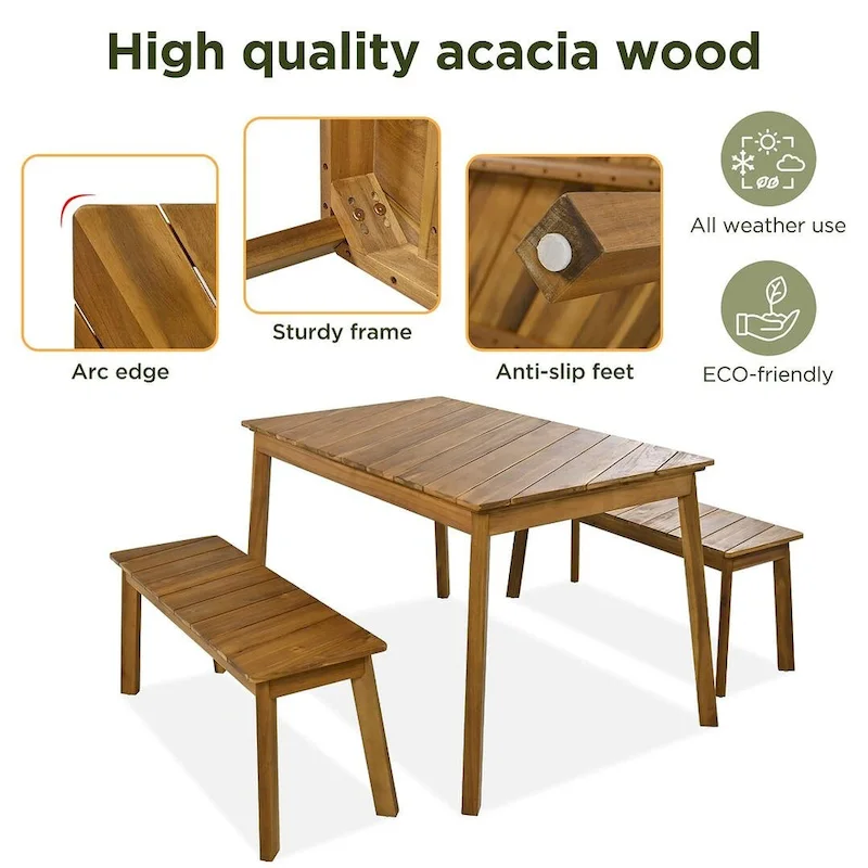 3 PCS OutdoorAcacia Wood Table Bench Dining Set With 2 Benches