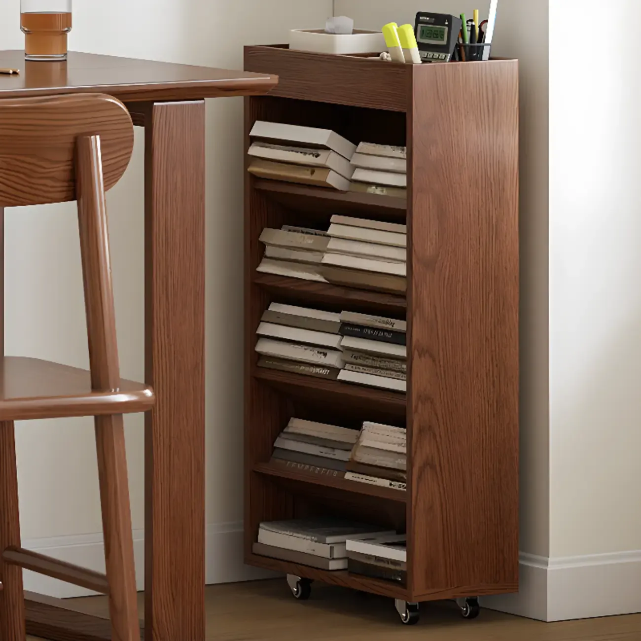 Mobile 5-Shelf Nut-Brown Wood Vertical Bookcase