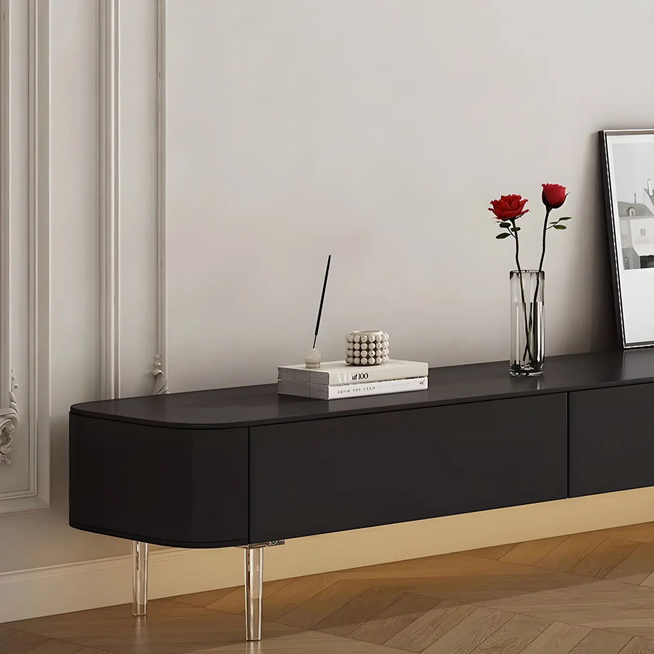 87 Modern Black Wooden Long TV Stand with Drawers