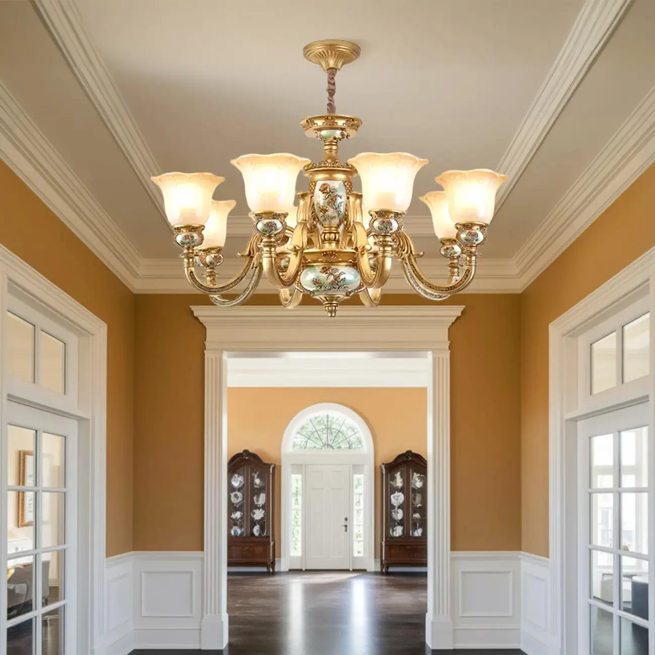Antique Gold Ceramic Chandelier with Frosted Glass Bell Shape
