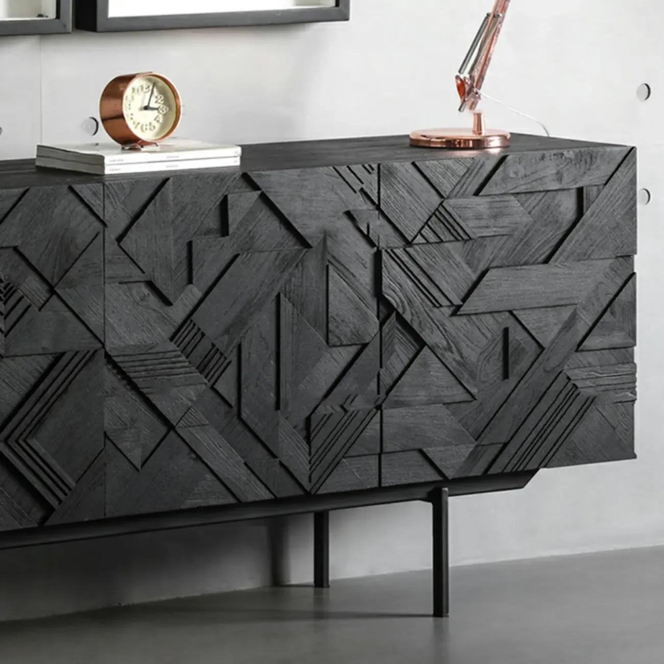 Modern Black Geometric Wooden Buffet Table with Cabinets