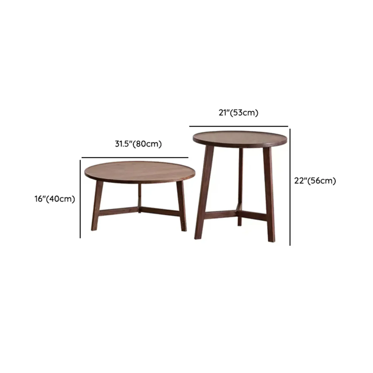 Mid-century Wooden Round Coffee Table Set with Cross Legs