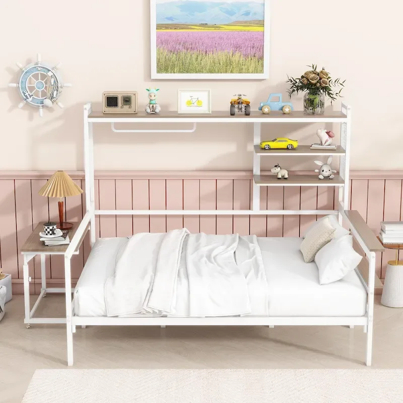 Versatile Daybed with Movable Desk, Metal Sofa Bed Frame with Metal Grid, Shelves and Clothes Hanger, No Box Spring Needed